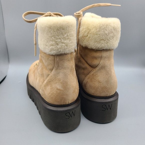 Stuart Weitzman combat boots Chalet lug tan Suede faux fur lace up sz 8 new - Picture 5 of 7